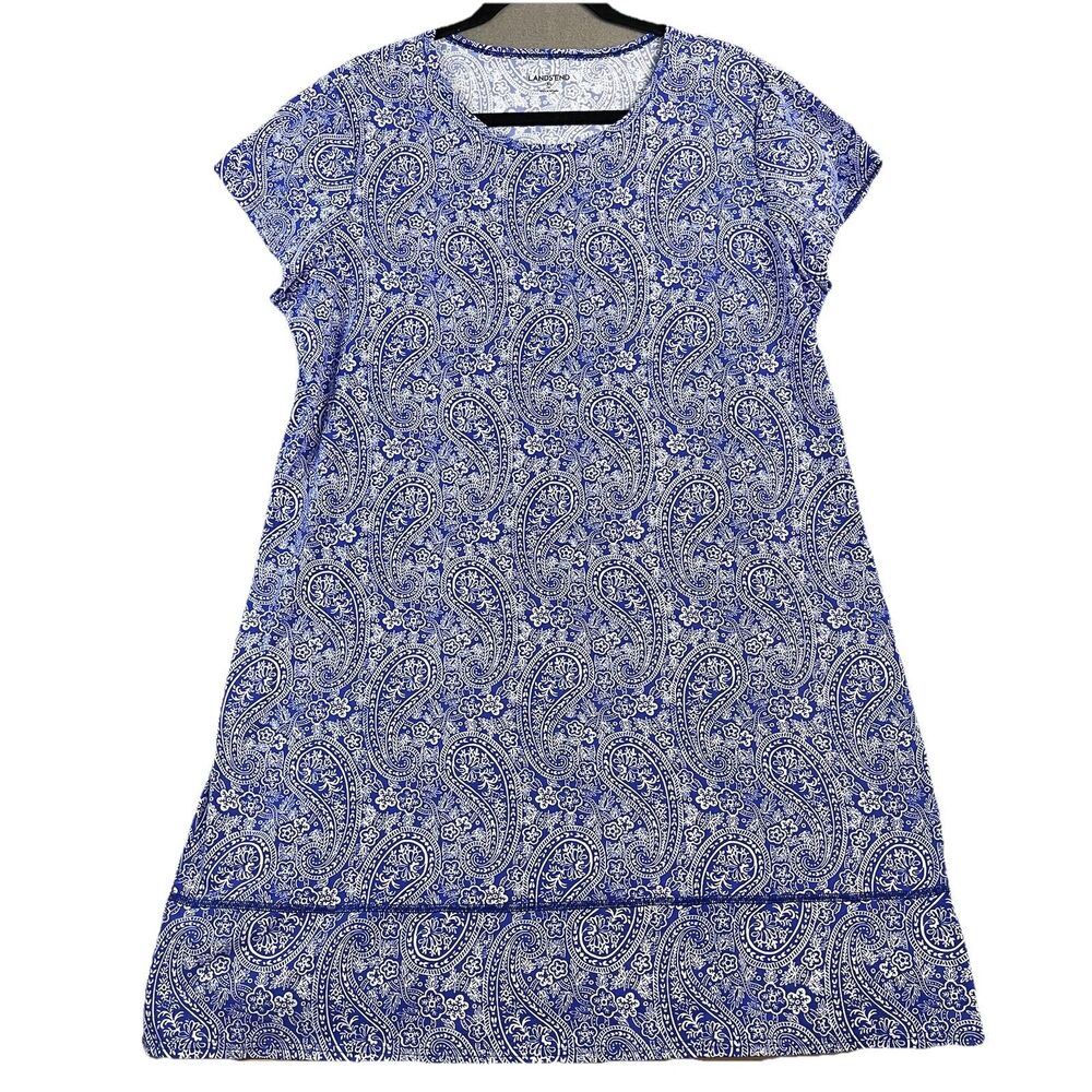 Lands End Blue White Paisley Quick Dry Sun Dress Beach Coverup Womens Size XL